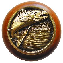 Notting Hill NHW-708C-AB Leaping Trout Wood Knob in Antique Brass /Cherry wood finish